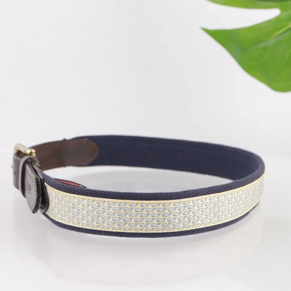 Vineyard Vines Mens Belt Size 30 Yellow Navy Blue Whale Print Brown Leather Tip